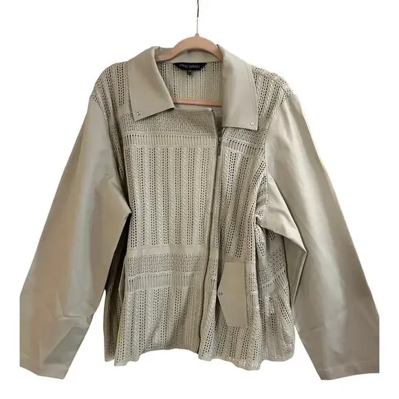 MING WANG Plus Size Tailored Moto Jacket Zip-Front Mixed-Media Mesh Limestone 2X - Picture 1 of 5